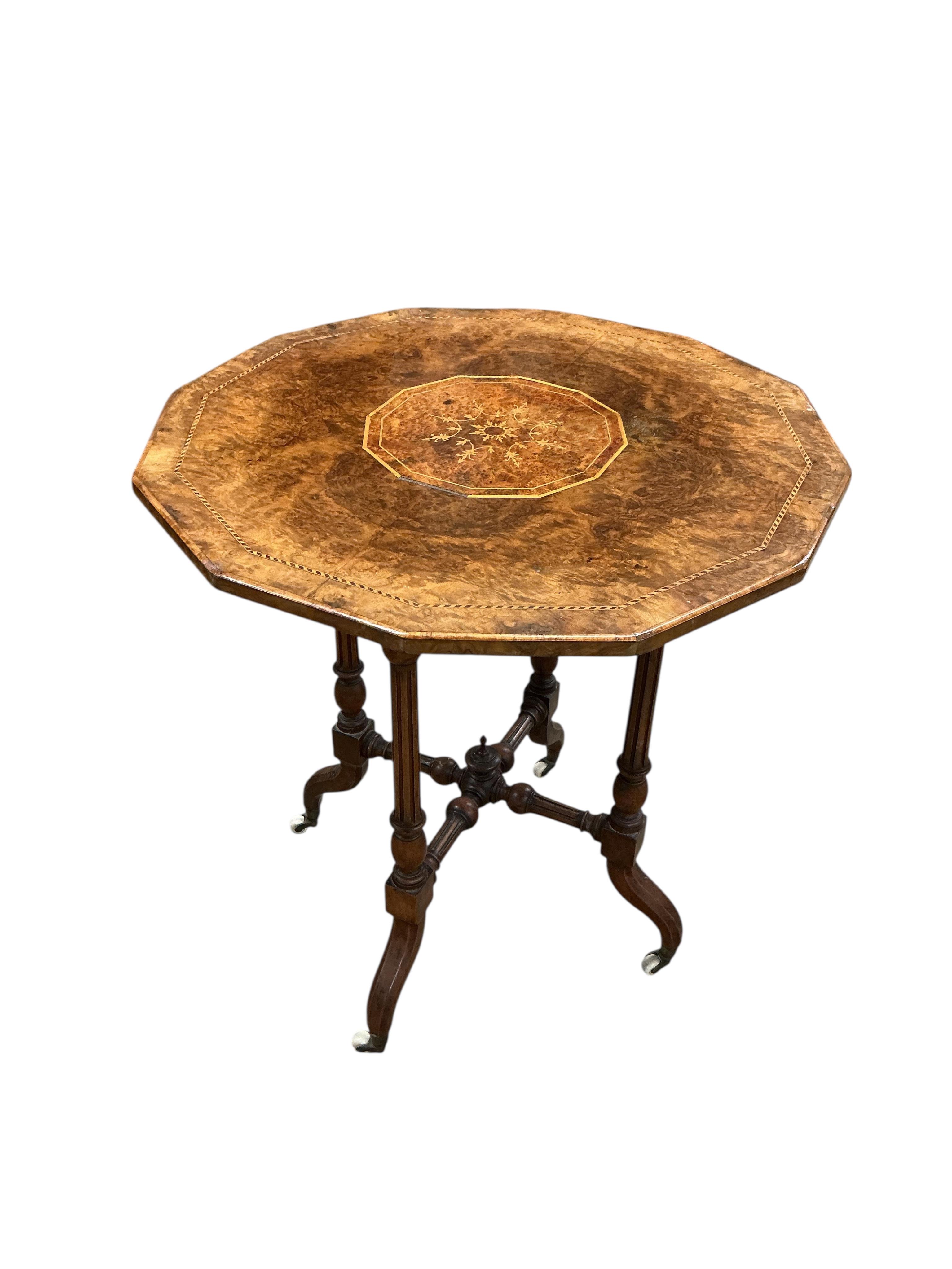 A Victorian octagonal walnut marquetry inlaid occasional table, width 58cm, height 63cm